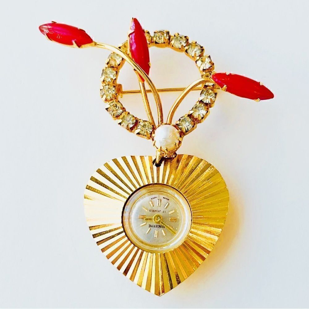 Vintage Rhinestone Brooch Pin With Watch Pendant - Picture 8 of 14